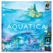 Aquatica: Coral Reefs Expansion - Colorful board game box featuring an underwater scene with a sea turtle and vibrant coral reefs.