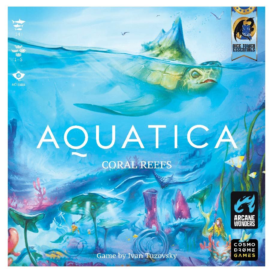 Aquatica: Coral Reefs Expansion - Colorful board game box featuring an underwater scene with a sea turtle and vibrant coral reefs.