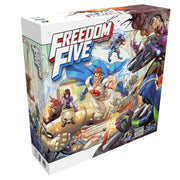 Freedom Five - Freedom Five board game box featuring colorful comic-style superheroes in action, with bold white and blue title text.