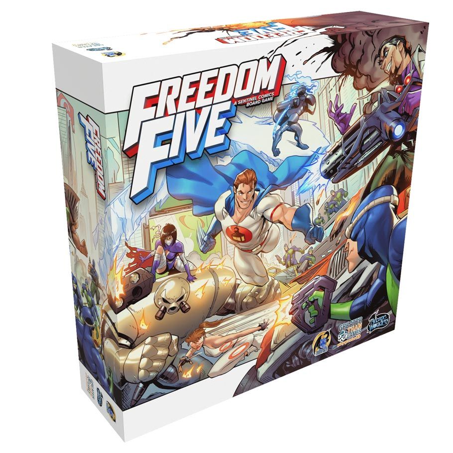 Freedom Five - Freedom Five board game box featuring colorful comic-style superheroes in action, with bold white and blue title text.