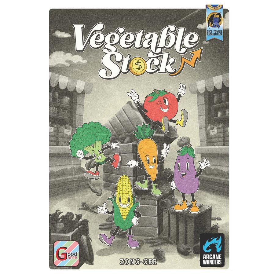 Vegetable Stock - Colorful cartoon vegetables with expressive faces on a black-and-white city street background on a Vegetable Stock card game