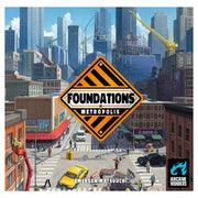 Foundations of Metropolis - Square board game box with a vibrant cityscape showing construction cranes and skyscrapers, featuring a bold diamond-shaped.