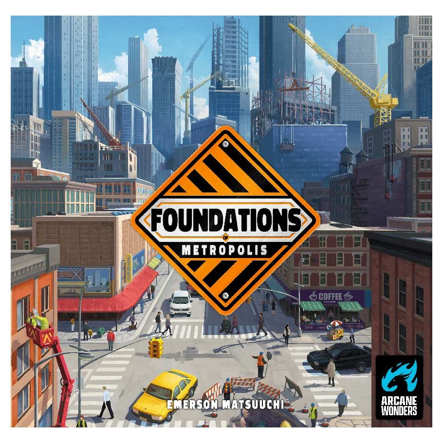 Foundations of Metropolis - Square board game box with a vibrant cityscape showing construction cranes and skyscrapers, featuring a bold diamond-shaped.