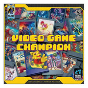 Video Game Champion - Colorful board game box cover featuring pixel art characters and bold yellow retro font reading "Video Game Champion".