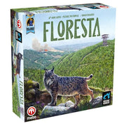 Floresta - Floresta board game box featuring a lynx on a forested mountain background with a watchtower in the distance.