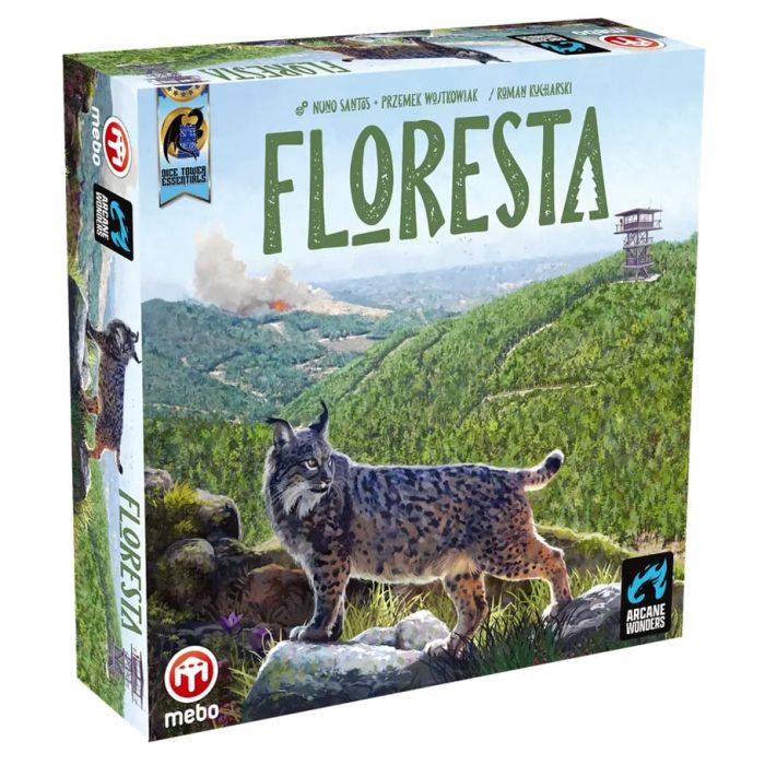 Floresta - Floresta board game box featuring a lynx on a forested mountain background with a watchtower in the distance.