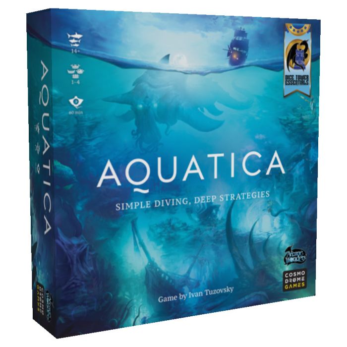 Aquatica - Square board game box with underwater ocean scene in blue and teal hues, featuring a whale, divers, and marine life, titled.
