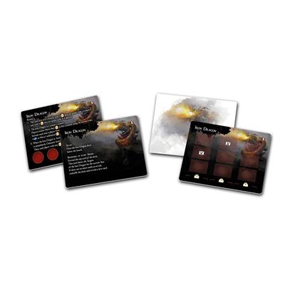 The Great Wall: Iron Dragon Blister Expansion - The Great Wall Iron Dragon Blister Expansion game cards with dark fantasy artwork and game stats on white surface.