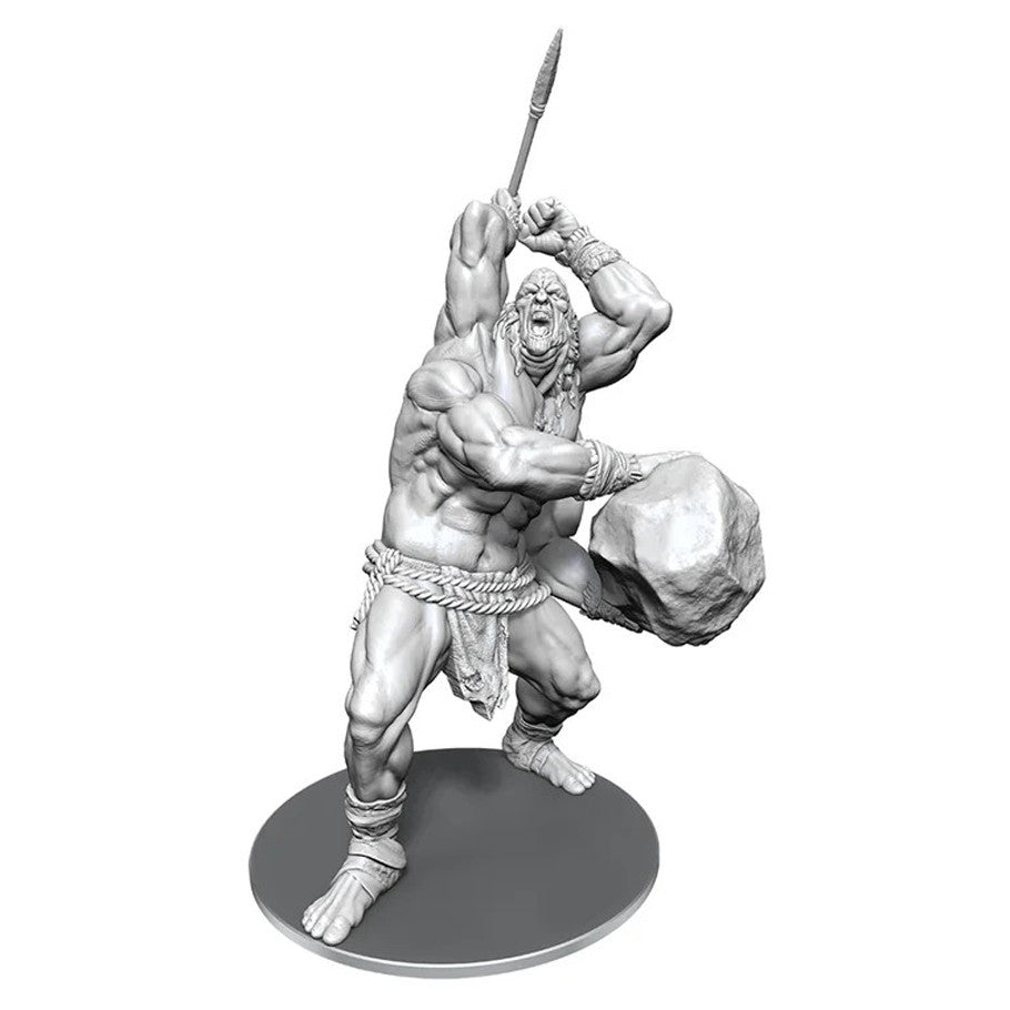 D&D Nolzur's Marvelous Miniatures: B'rohg - Unpainted gray plastic miniature of a muscular humanoid holding a large rock overhead, wearing a loincloth and chain belt,.