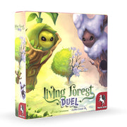 Living Forest: Duel - Square board game box with colorful, whimsical forest creatures and lush green foliage, titled Living Forest Duel, featuring