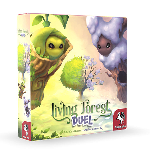 Living Forest: Duel - Square board game box with colorful, whimsical forest creatures and lush green foliage, titled Living Forest Duel, featuring