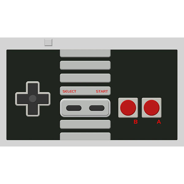 Playmat: Controller - Rectangular black playmat designed like a retro game controller with gray directional pad, two red buttons labeled A and B,.