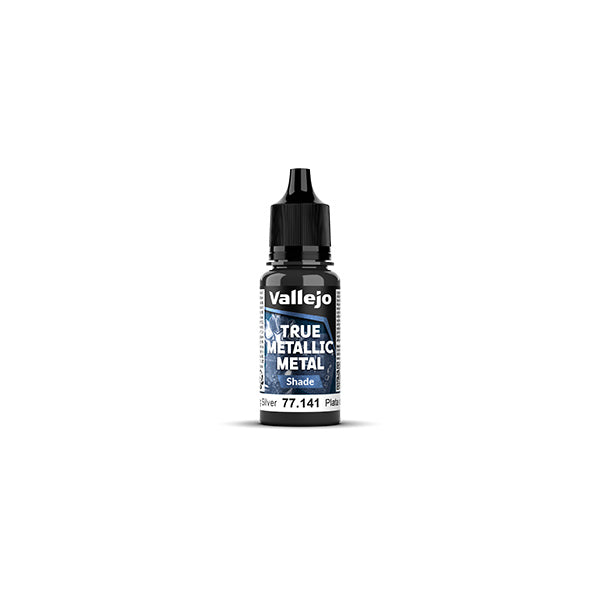 Vallejo True Metallic Metal Shade: Sterling Silver (18ml) - Small 18ml plastic bottle of Vallejo True Metallic Metal paint in Sterling Silver with black screw cap and blue and white.