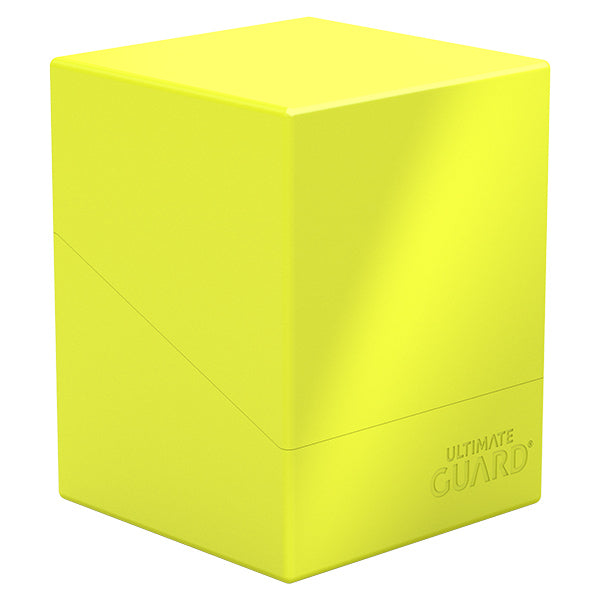 Deck Case: Boulder 100+ Standard Size- Neon Yellow - Neon yellow rectangular deck box with smooth matte finish and subtle "Ultimate Guard" logo embossed on the front corner.