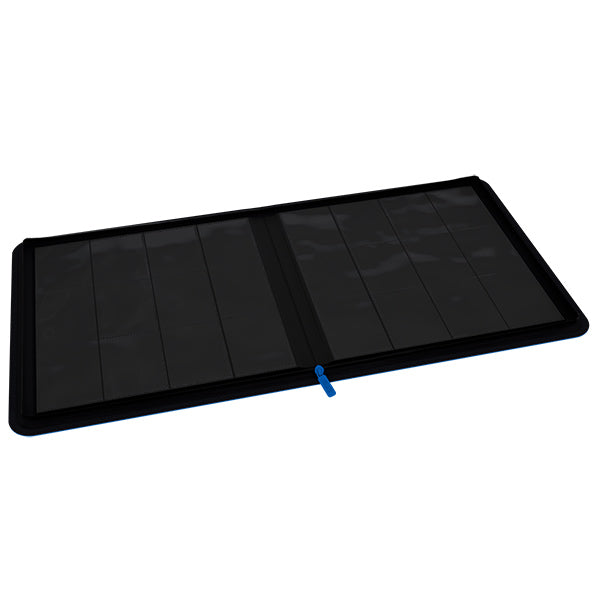 Arcane Fortress 12-Pocket Zippered Binder: Solid Color - Blue - Blue zippered binder opened flat with 12 clear plastic pockets for card storage.