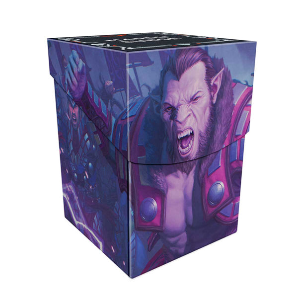Deckbox PRO 100+ Tarkir Dragonstorm - Zurgo Stormrender / Neriv, Crackling Vanguard - Blue and purple rectangular deckbox with fierce, muscular orc warrior artwork from Tarkir Dragonstorm on sides and lid.