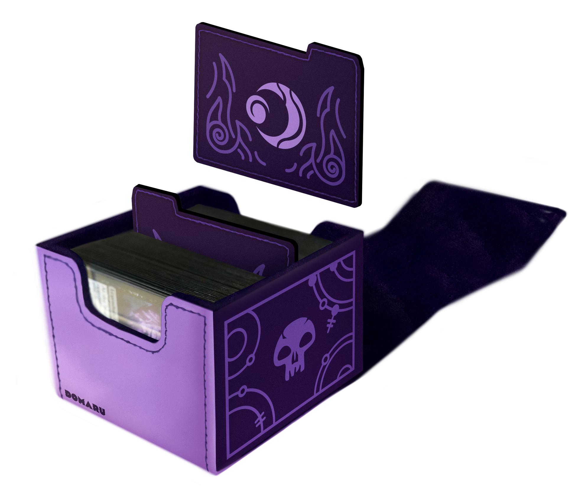 Domaru Deck Box: Magic the Gathering: Lorwyn Eclipsed - Eventide Black - Purple rectangular deck box with black interior, featuring skull and spiral symbols, open flap revealing cards inside.