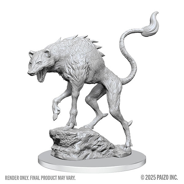 Pathfinder Battles Deep Cuts Miniatures: Leucrotta (PREORDER) - Gray plastic miniature of a hyena-like creature with spiked back and long tail on rocky base.