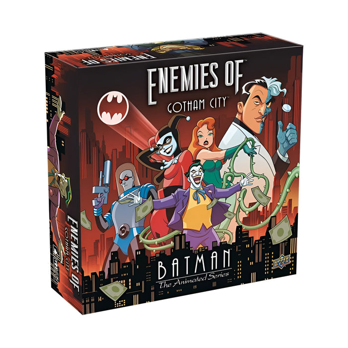 Enemies of Gotham City (PREORDER) - Square board game box with colorful cartoon villains from Gotham City including Joker, Harley Quinn, Poison Ivy, and Mr.