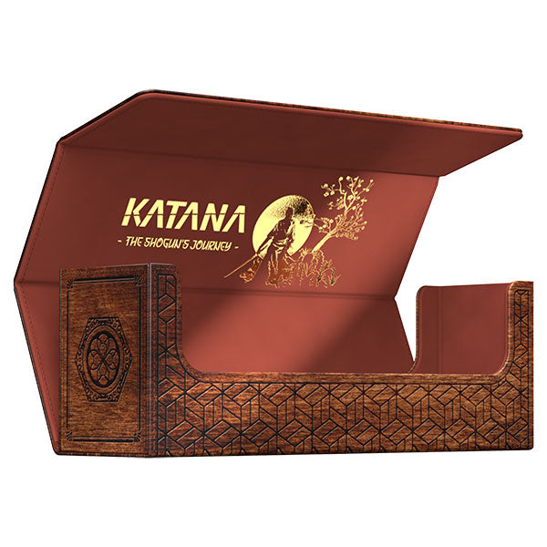 Ultimate Guard Arkhive 400+ Xenoskin: Shogun's Journey Part 3 - Rectangular brown deck box with intricate black geometric patterns and gold "Katana The Shogun's Journey" text and artwork.