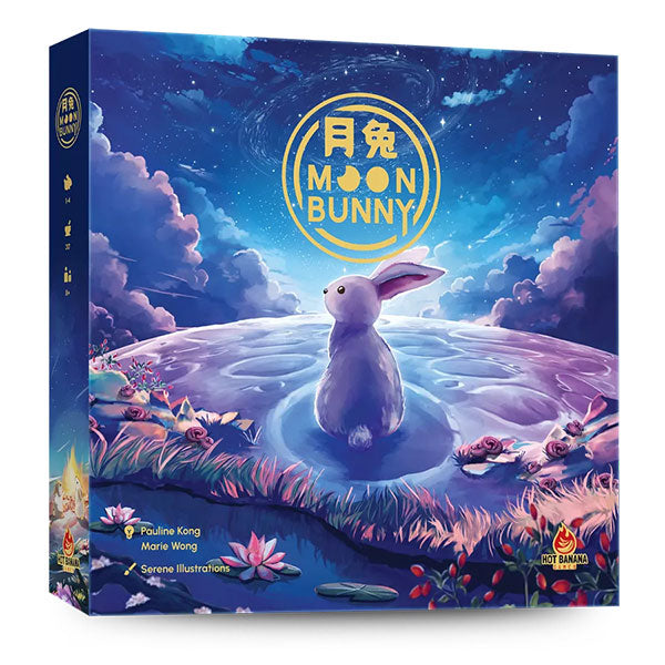Moon Bunny - Square board game box featuring a purple bunny sitting on a moonlit pond with lotus flowers and clouds in a night sky.