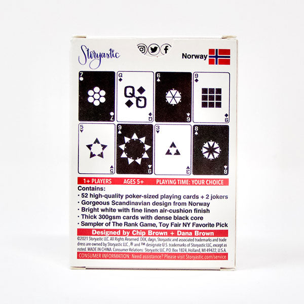 DEK Playing Cards: døgn (PREORDER) - White playing card box with black and white abstract card designs and a small Norwegian flag on the top right corner.