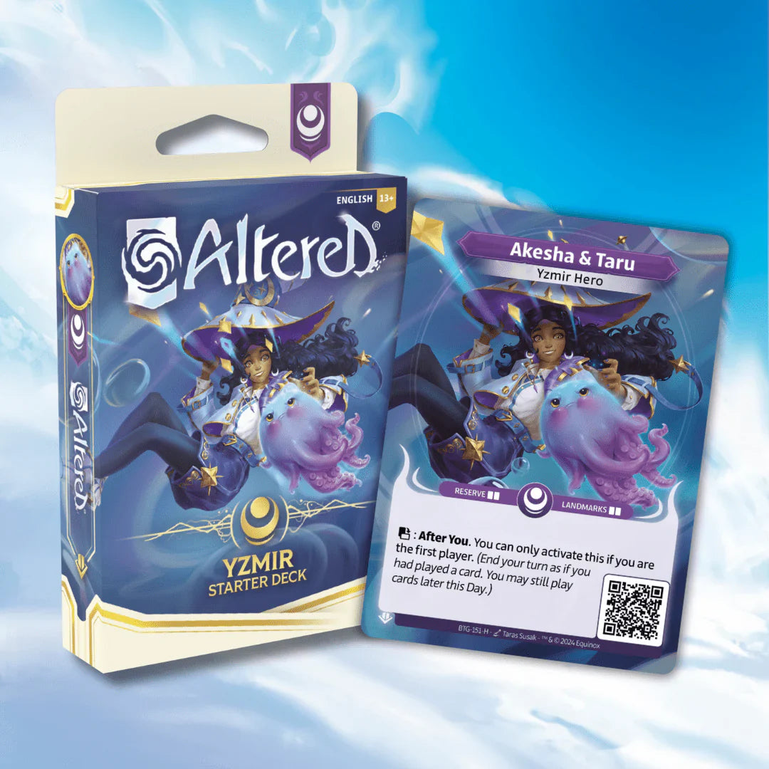 Altered Starter Deck: Yzmir - Yzmir box with fantasy character art and matching game card featuring a female figure riding a purple creature against a.