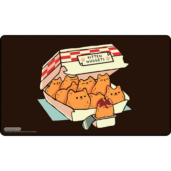 Playmat: Kitten Nuggets - Brown rectangular playmat featuring a red-and-white striped box filled with cute orange kitten-shaped nuggets, one nugget.