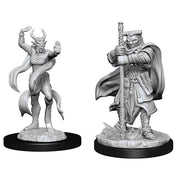 D&D Nolzur's Marvelous Miniatures: Hobgoblin Devastator & Iron Shadow - Unpainted gray miniature of a horned hobgoblin in dynamic pose beside armored warrior holding a polearm, both on round bases.