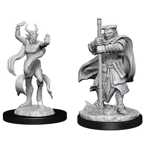 D&D Nolzur's Marvelous Miniatures: Hobgoblin Devastator & Iron Shadow - Unpainted gray miniature of a horned hobgoblin in dynamic pose beside armored warrior holding a polearm, both on round bases.