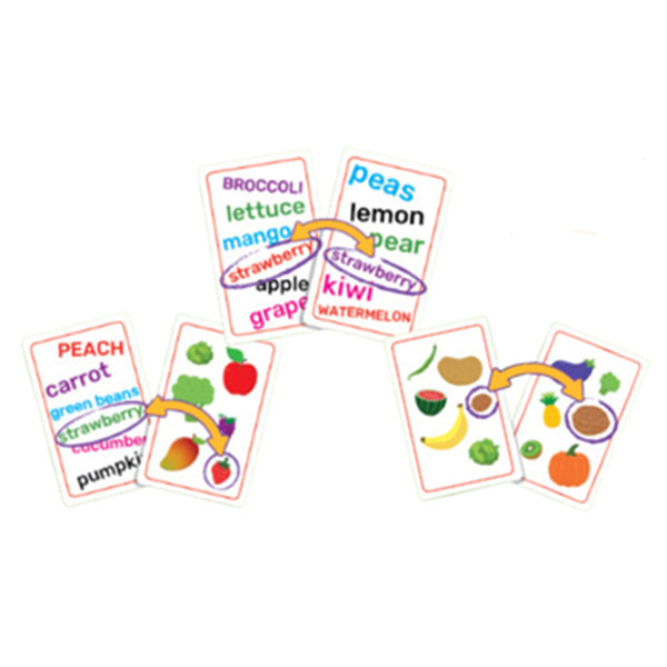 Super Genius: Fruits & Veggies - Colorful educational game cards featuring fruits and vegetables with words and corresponding illustrations.