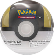 Pokemon 2024 Poke Ball Tin - Ultra Ball - Round metal tin shaped and colored like a black and yellow Ultra Ball from Pokémon with Pokémon Trading Card Game branding.