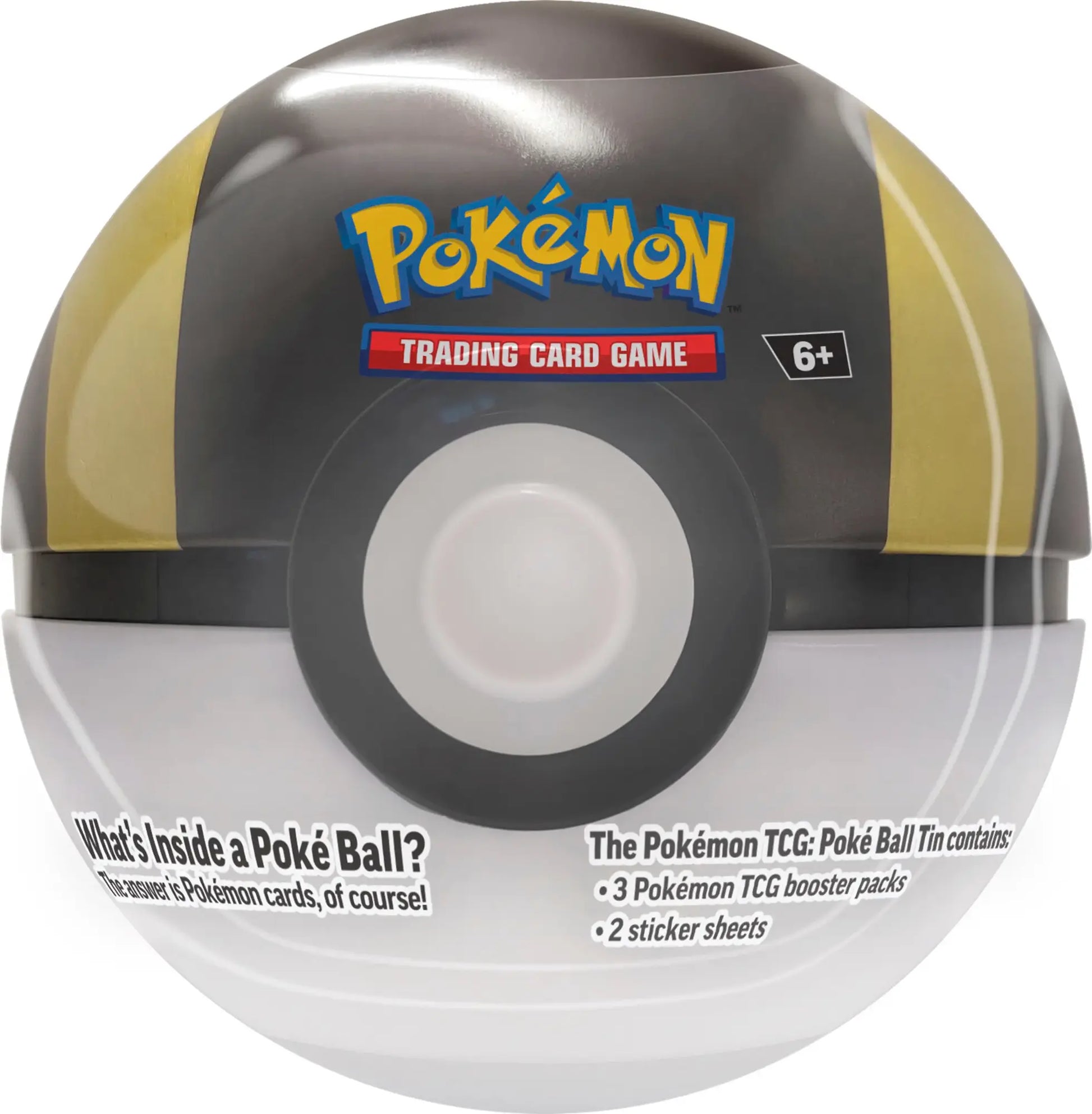 Pokemon 2024 Poke Ball Tin - Ultra Ball - Round metal tin shaped and colored like a black and yellow Ultra Ball from Pokémon with Pokémon Trading Card Game branding.