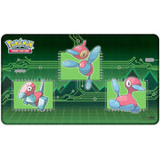 Playmat: Pokemon- Stitched Porygon Evolutions - Rectangular playmat with green circuit board design featuring stitched images of Porygon, Porygon2, and Porygon-Z in bright.