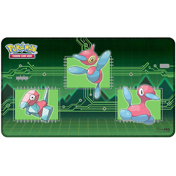 Playmat: Pokemon- Stitched Porygon Evolutions - Rectangular playmat with green circuit board design featuring stitched images of Porygon, Porygon2, and Porygon-Z in bright.
