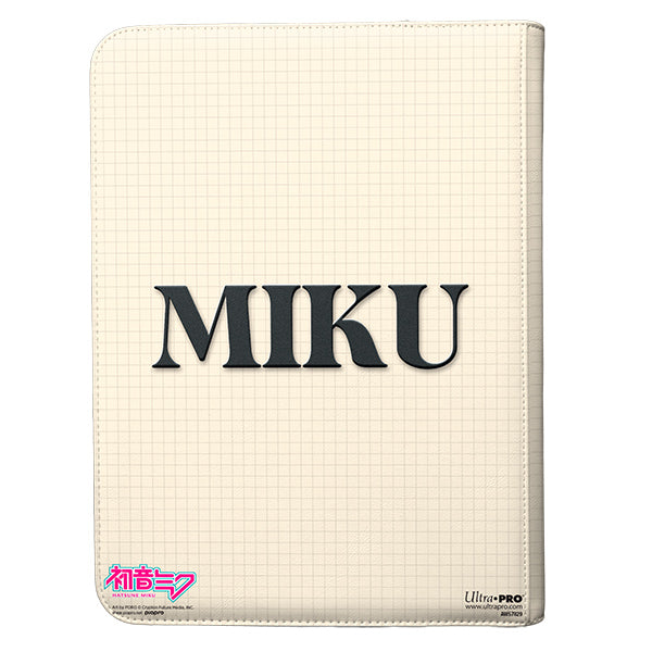 Ultra Pro 9-Pocket Zippered Binder: Hatsune Miku Retro Soundscapes (PREORDER) - Cream-colored Ultra Pro 9-pocket zippered binder with black "MIKU" text and small pink Hatsune Miku logo in corner.