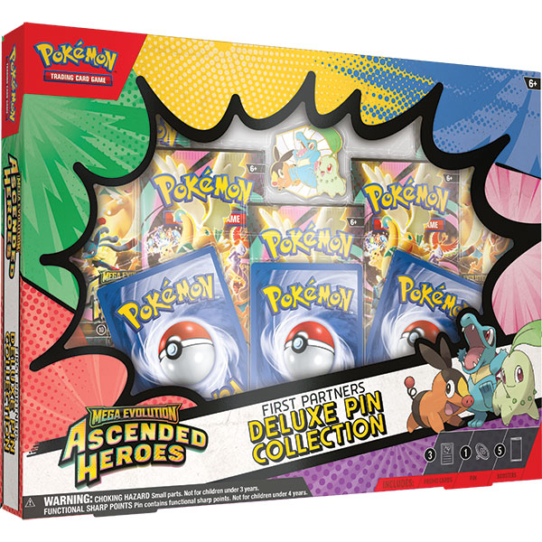 Pokémon TCG: Ascended Heroes First Partners Deluxe Pin Collection (PREORDER) - Colorful rectangular box featuring six Pokémon TCG booster packs and two Poké Ball deluxe pins in clear display window.