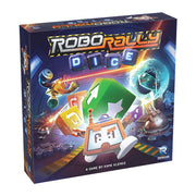 Robo Rally Dice (PREORDER) - Square game box for Robo Rally Dice featuring colorful sci-fi graphics and robot-themed icons on a dark blue background.