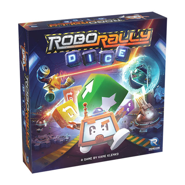 Robo Rally Dice (PREORDER) - Square game box for Robo Rally Dice featuring colorful sci-fi graphics and robot-themed icons on a dark blue background.