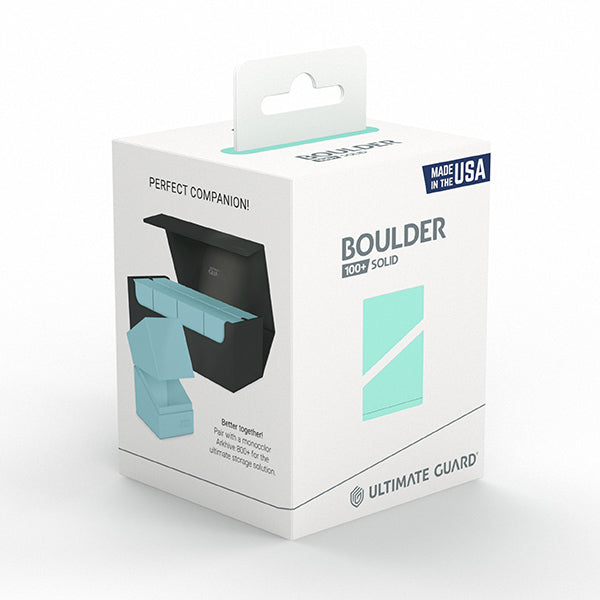 Deck Case: Boulder 100+ Standard Size- Solid Mint Green - White and teal retail box featuring a Mint Green hard plastic deck case for 100+ standard size cards with flip-top lid.