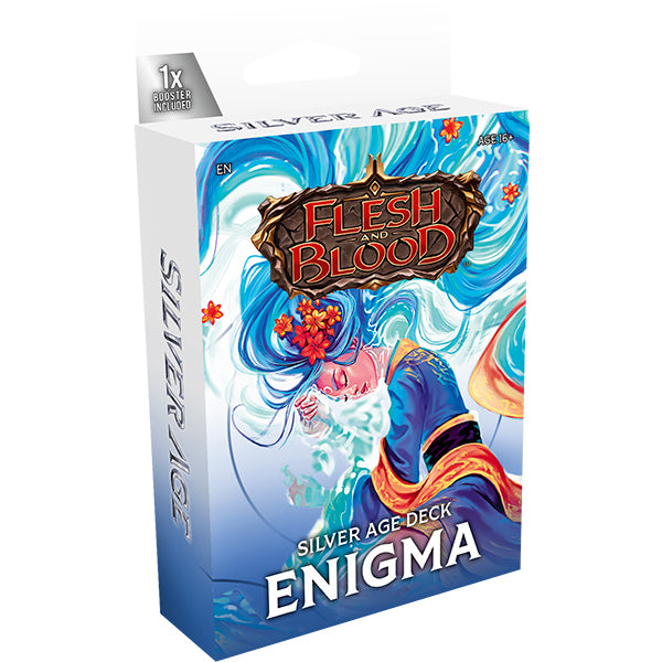 Flesh and Blood: Silver Age Chapter 2 Deck - Enigma - Flesh and Blood Silver Age Chapter 2 Enigma deck box featuring colorful art of a blue-haired woman with flowers and swirling
