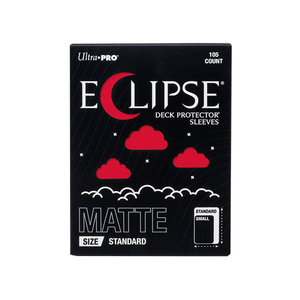 Ultra Pro Eclipse Matte Deck Protectors: Apple Red - Black and red Ultra Pro Eclipse matte card sleeves box with red clouds and 105 count label.