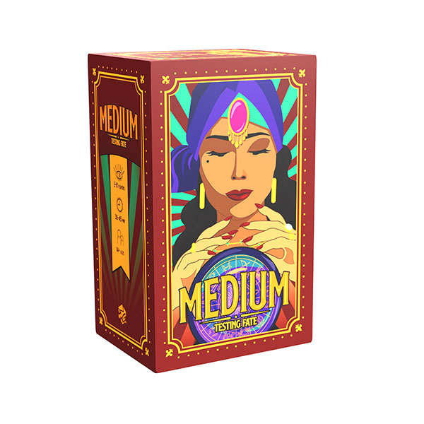 Medium: Testing Fate (PREORDER) - Red rectangular box featuring a stylized illustration of a woman with a purple headscarf and crystal ball, decorated with.