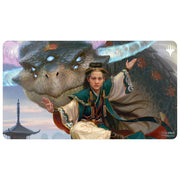 MTG Playmat - Tarkir: Dragonstorm - Inspired Ultimatum - The Gathering playmat featuring a detailed fantasy scene with a large dragon and a robed figure casting a spell against a.
