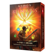 Ashes Reborn: Red Rains - The End of Argaia - Board game expansion box with fiery phoenix, glowing elemental orbs, and warrior holding a sword on dark red background.