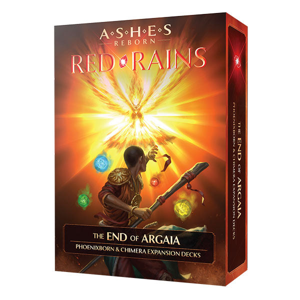 Ashes Reborn: Red Rains - The End of Argaia - Board game expansion box with fiery phoenix, glowing elemental orbs, and warrior holding a sword on dark red background.