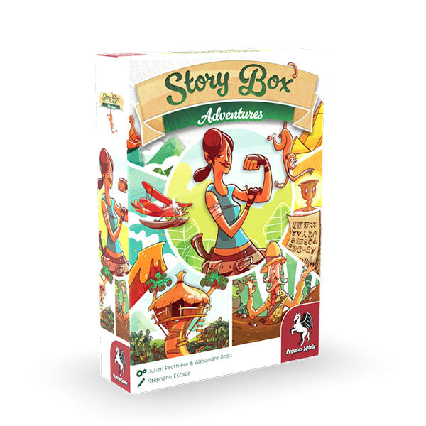 Story Box: Adventures - Colorful rectangular box with illustrations of a woman holding a lantern, a horse, and adventure-themed scenes.