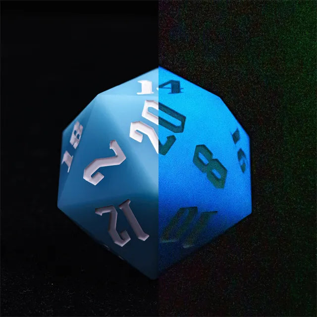 Giant Bouncy D20 - Glow In The Dark Blue - Large 20-sided blue bouncy dice with white numbers glowing in the dark.