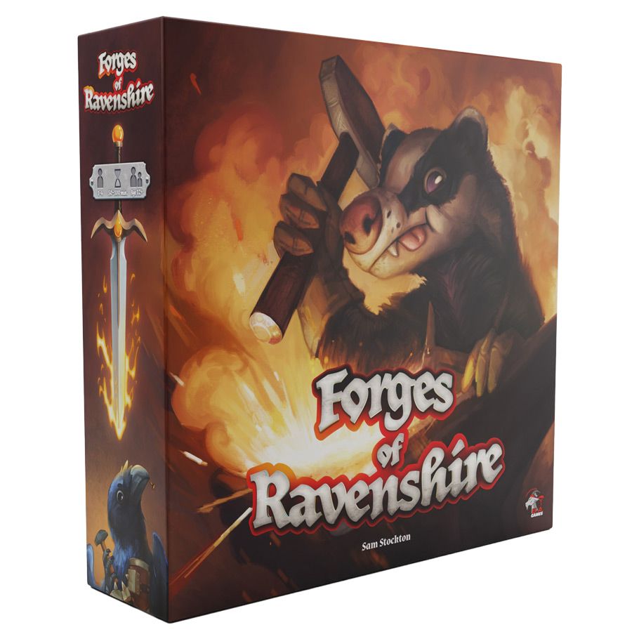 Forges of Ravenshire - Board game box with dark orange and brown tones featuring an armored badger holding a large hammer, fiery forge background,.
