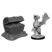 D&D Nolzur's Marvelous Minis: Bronze Wyrmling & Treasure - Gray unpainted resin miniature of a bronze wyrmling dragon standing beside an open treasure chest filled with coins on a.